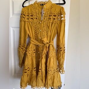 Ina Mustard Yellow Lace-Trim Tiered Midi Dress